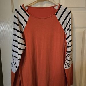 Striped / Leopard Sleeve Orange Top